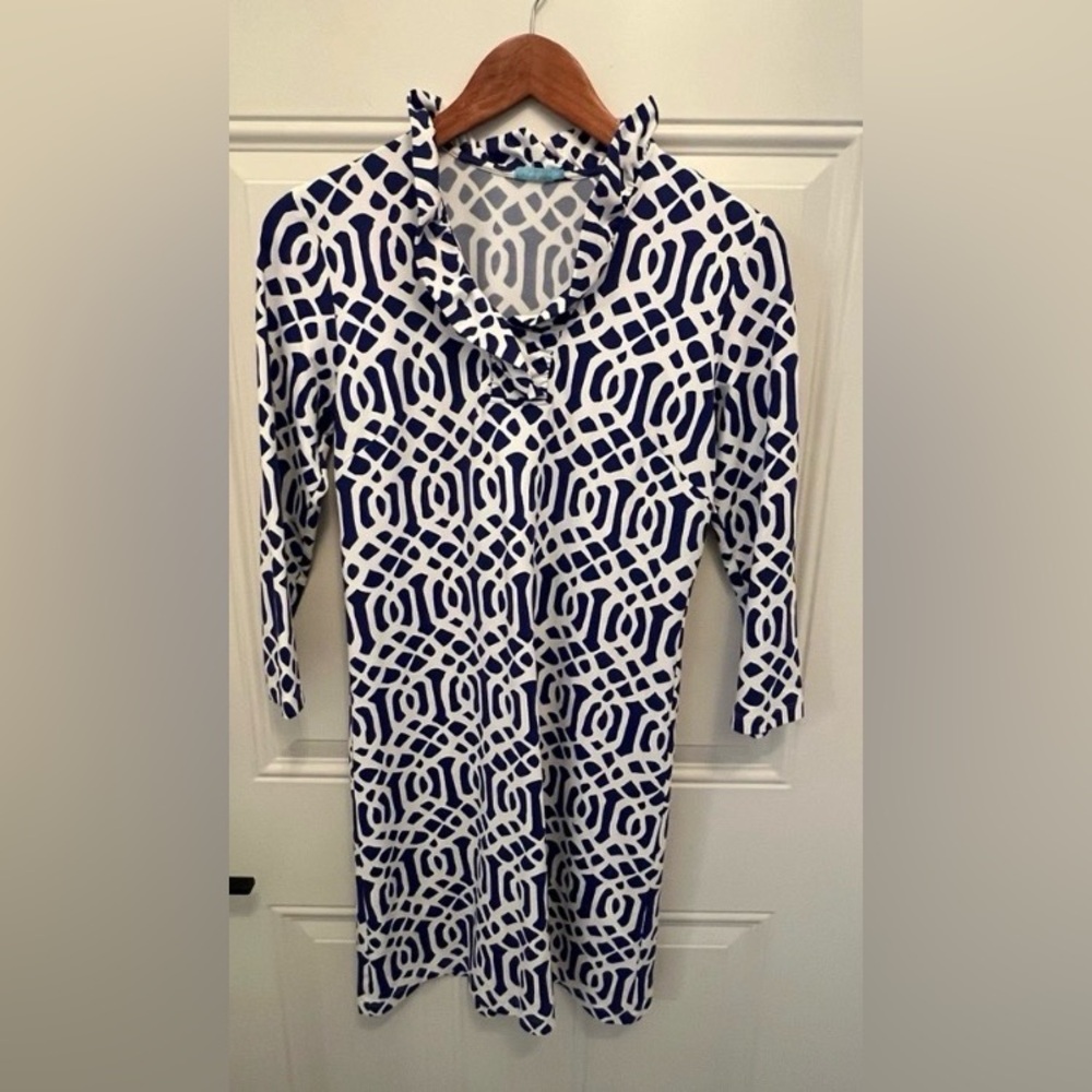 Women's Navy and White Patterned Shift Dress